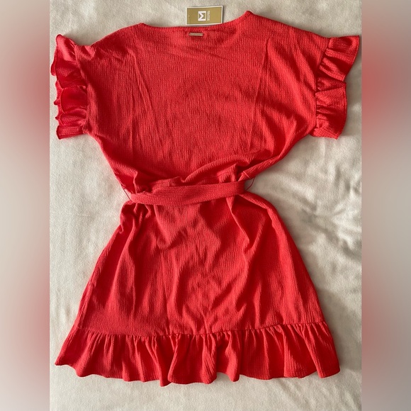 NWT MICHAEL KORS Sangria CRINKLE CREPE RUFFLE BELT FLUTTER SLEEVE DRESS Large - Picture 5 of 11